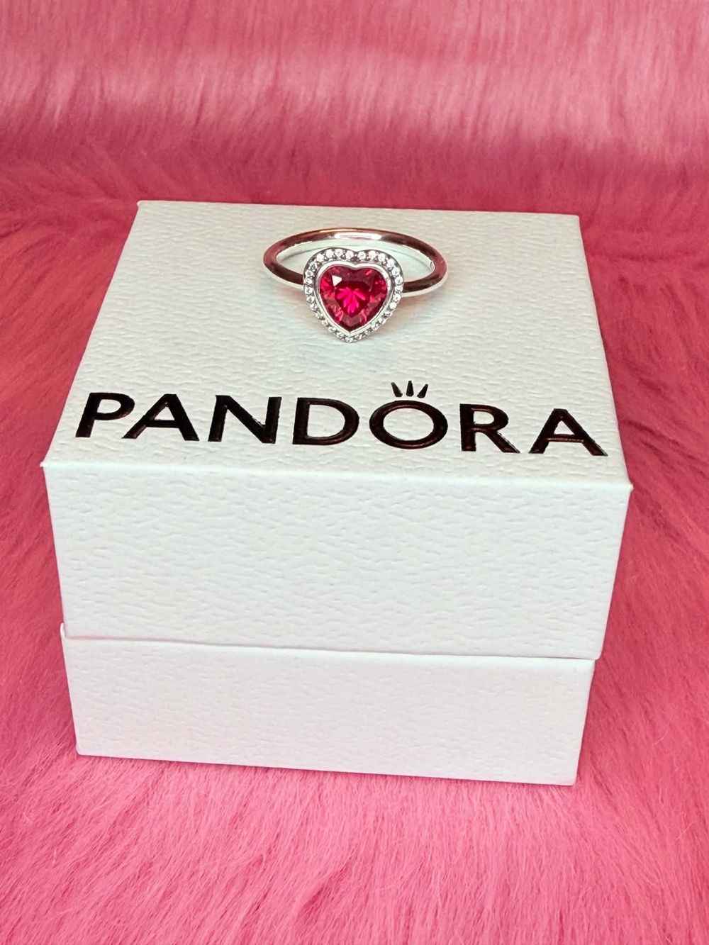 Pandora Silver Heart Ring with Deep Pink Stone